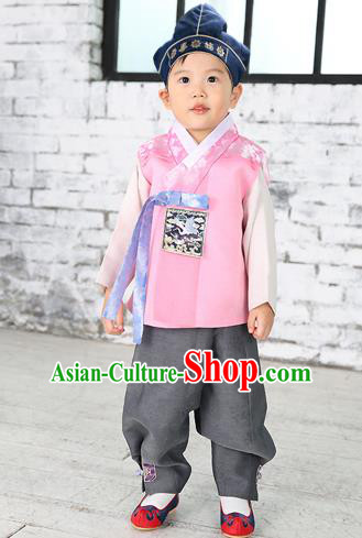 Asian Korean National Traditional Handmade Formal Occasions Boys Embroidery Light Pink Hanbok Costume Complete Set for Kids
