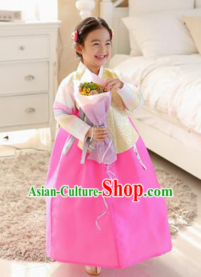 Korean National Handmade Formal Occasions Embroidered Yellow Blouse and Pink Dress, Asian Korean Girls Palace Hanbok Costume for Kids