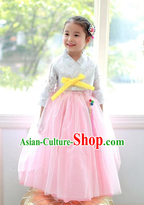 Korean National Handmade Formal Occasions Embroidered White Blouse and Pink Veil Dress, Asian Korean Girls Palace Hanbok Costume for Kids