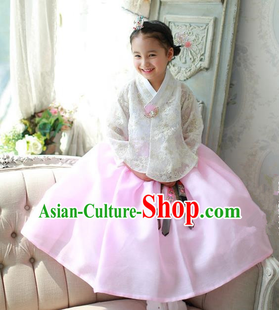 Korean National Handmade Formal Occasions White Embroidered Blouse and Pink Dress, Asian Korean Girls Palace Hanbok Costume for Kids