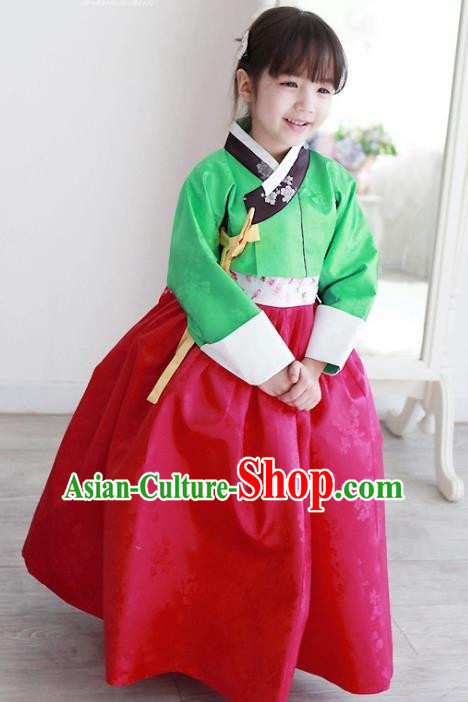 Korean National Handmade Formal Occasions Embroidered Green Blouse and Red Dress Hanbok Costume for Kids