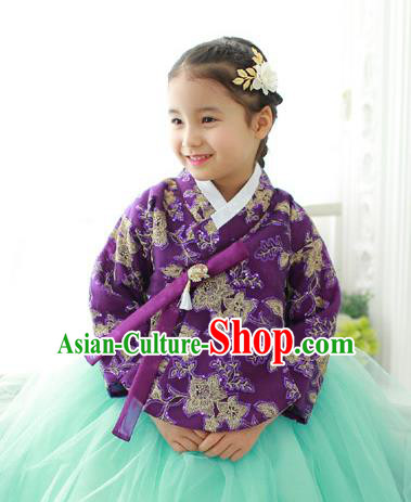Korean National Handmade Formal Occasions Embroidered Purple Blouse, Asian Korean Girls Palace Hanbok Shirts Costume for Kids