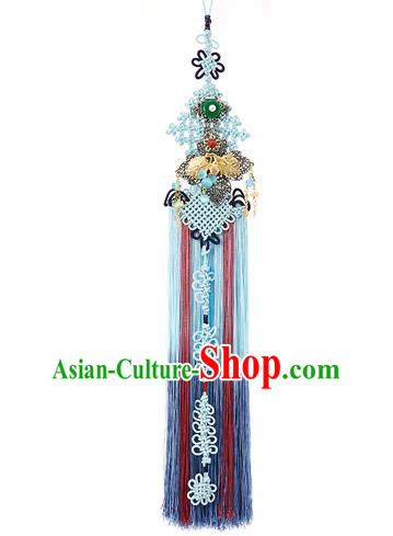 Traditional Korean Accessories Bride Chinese Knots Waist Pendant Embroidered Palace Taeniasis, Asian Korean Wedding Hanbok Blue Tassel Waist Decorations for Women