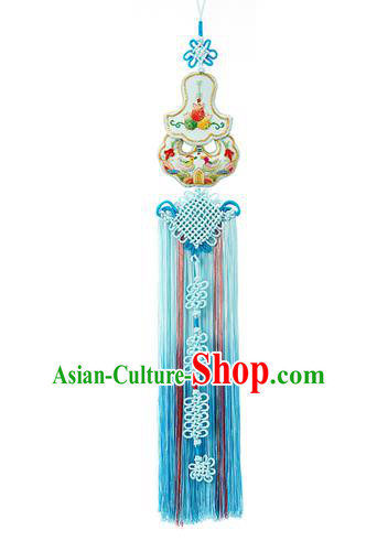 Korean National Accessories Bride Chinese Knots Embroidered Waist Pendant, Asian Korean Wedding Hanbok Blue Tassel Palace Taeniasis Waist Decorations for Women