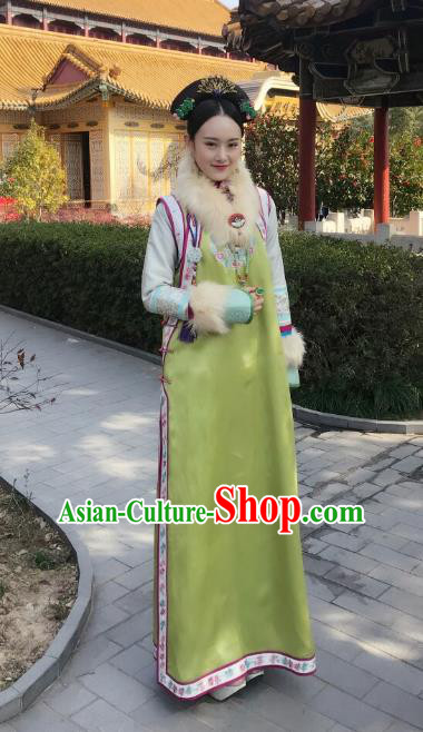 Traditional Chinese Qing Dynasty Imperial Concubine Costume and Headpiece Complete Set, China Ancient Manchu Palace Lady Mandarin Embroidered Clothing