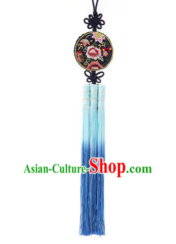 Korean National Accessories Bride Embroidered Flowers Black Waist Pendant, Asian Korean Wedding Hanbok Blue Tassel Waist Decorations for Women