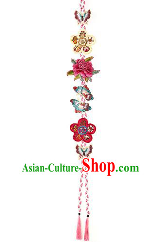 Asian Korean Hanbok Embroidered Butterfly Flowers Tassel Waist Decorations, Korean National Belts Accessories Wedding Bride Waist Pendant for Women