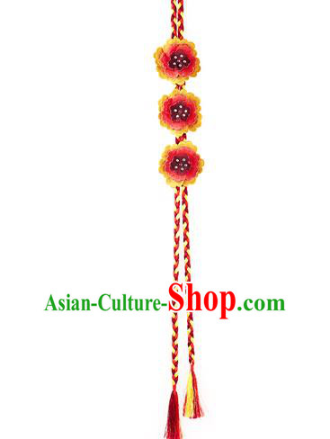 Asian Korean Hanbok Embroidered Red Flowers Tassel Waist Decorations, Korean National Belts Accessories Wedding Bride Waist Pendant for Women