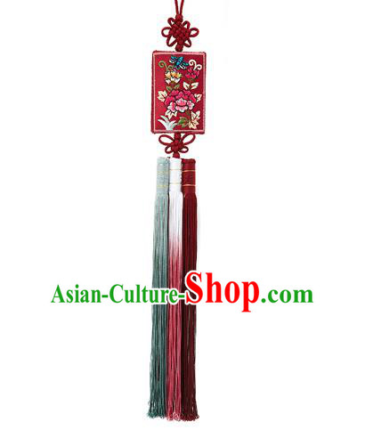 Korean National Belts Accessories Bride Wedding Embroidered Flowers Red Waist Pendant, Asian Korean Hanbok Orange Tassel Waist Decorations for Women