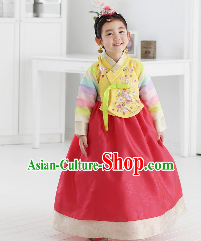 Asian Korean National Handmade Formal Occasions Embroidered Yellow Blouse and Red Dress Hanbok Costume for Kids