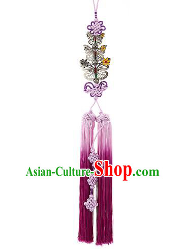 Korean National Belts Accessories Bride Wedding Butterfly Waist Pendant, Asian Korean Hanbok Purple Tassel Waist Decorations for Women