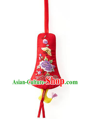 Asian Korean Hanbok Embroidered Flowers Red Waist Decorations, Korean National Belts Accessories Wedding Bride Waist Pendant for Women