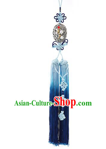 Korean National Belts Accessories Bride Wedding Hanbok Blue Waist Pendant, Asian Korean Tassel Chinese Knot Waist Decorations for Women