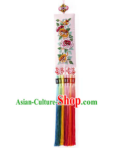 Asian Korean Hanbok Embroidered Flowers Pink Waist Decorations, Korean National Belts Accessories Wedding Bride Waist Pendant for Women