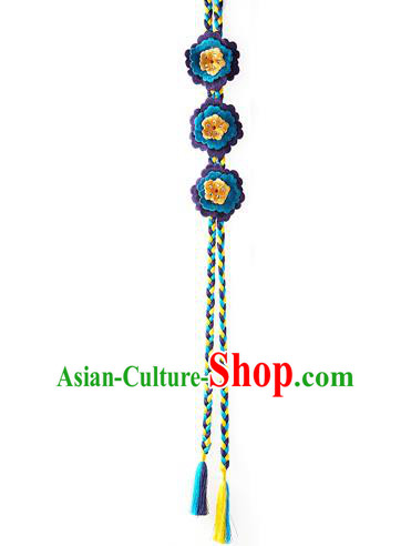 Korean National Belts Accessories Bride Wedding Hanbok Embroidered Blue Flower Tassel Waist Pendant, Asian Korean Waist Decorations for Women