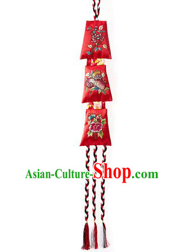 Asian Korean National Belts Accessories Bride Wedding Hanbok Embroidered Flowers Waist Pendant, Korean Red Waist Decorations for Women