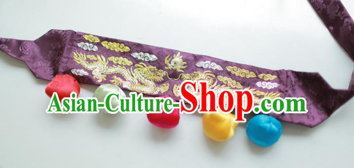 Traditional Korean Accessories Embroidered Dragon Purple Waist Belts, Asian Korean Fashion Waistband Decorations for Kids