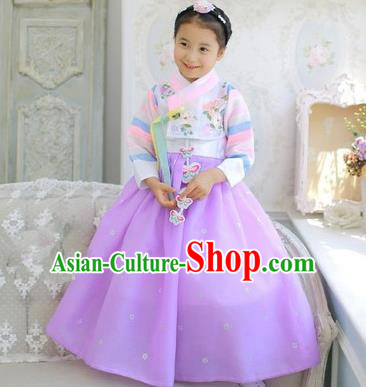 Asian Korean National Handmade Formal Occasions Embroidered White Blouse and Purple Dress Palace Hanbok Costume for Kids