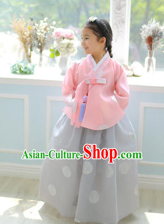 Asian Korean National Handmade Formal Occasions Embroidered Pink Blouse and Grey Dress Palace Hanbok Costume for Kids