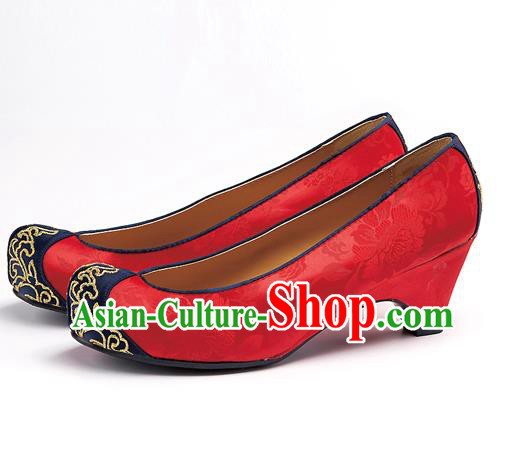 Traditional Korean National Wedding Embroidered Red Shoes, Asian Korean Hanbok Bride Embroidery Shoes for Women