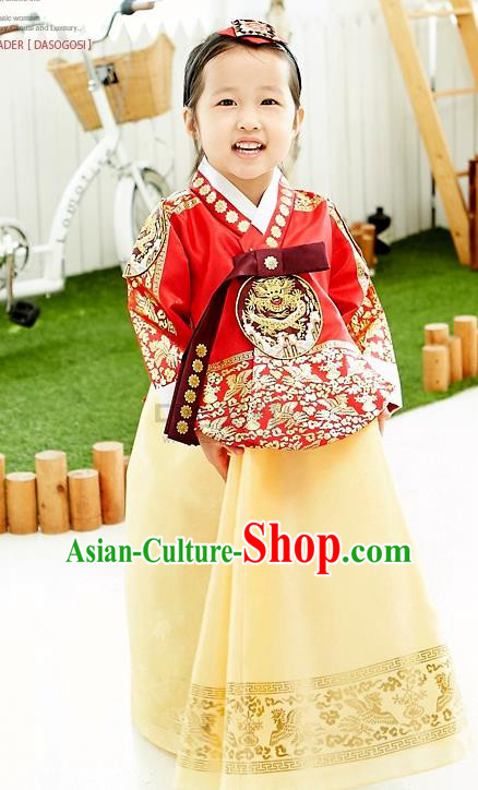 Asian Korean National Handmade Formal Occasions Wedding Embroidered Red Blouse and Yellow Dress Traditional Palace Hanbok Costume for Kids