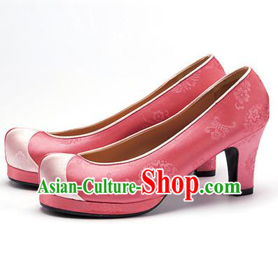 Traditional Korean National Wedding Embroidered Shoes, Asian Korean Hanbok Embroidery Pink Satin Bride High-heeled Shoes for Women