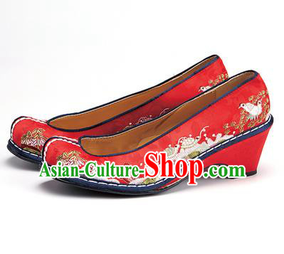 Traditional Korean National Wedding Shoes Embroidered Shoes, Asian Korean Hanbok Embroidery Red Bride Court Shoes for Women