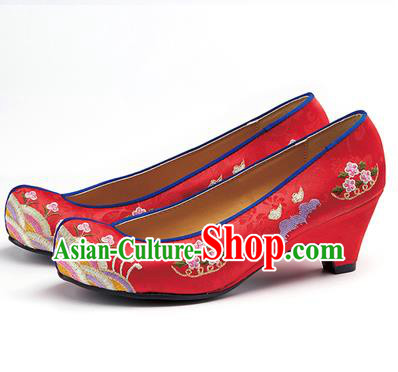 Traditional Korean National Wedding Shoes Embroidered Shoes, Asian Korean Hanbok Embroidery Red High-heeled Court Shoes for Women