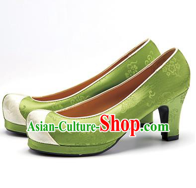 Traditional Korean National Wedding Shoes Green Embroidered Shoes, Asian Korean Hanbok High-heeled Court Shoes for Women