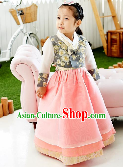 Asian Korean National Handmade Formal Occasions Wedding Embroidered Black Blouse and Pink Dress Traditional Palace Hanbok Costume for Kids