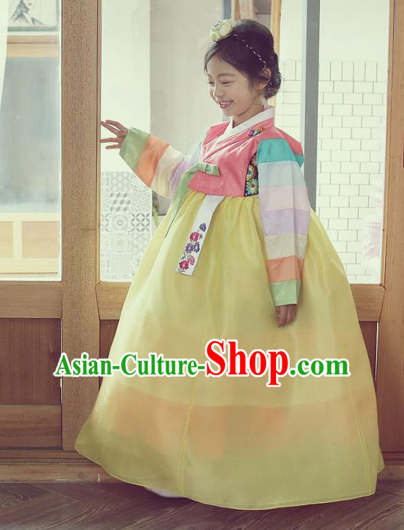 Asian Korean National Handmade Formal Occasions Wedding Embroidered Pink Blouse and Yellow Dress Traditional Palace Hanbok Costume for Kids