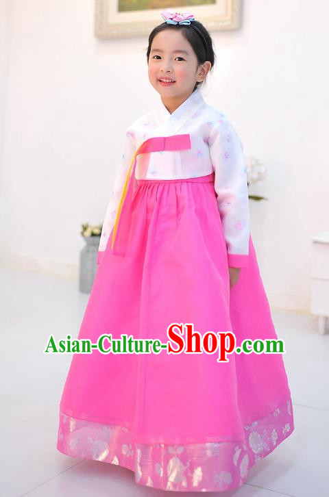Asian Korean National Handmade Formal Occasions Wedding Embroidered Printing White Blouse and Pink Dress Traditional Palace Hanbok Costume for Kids