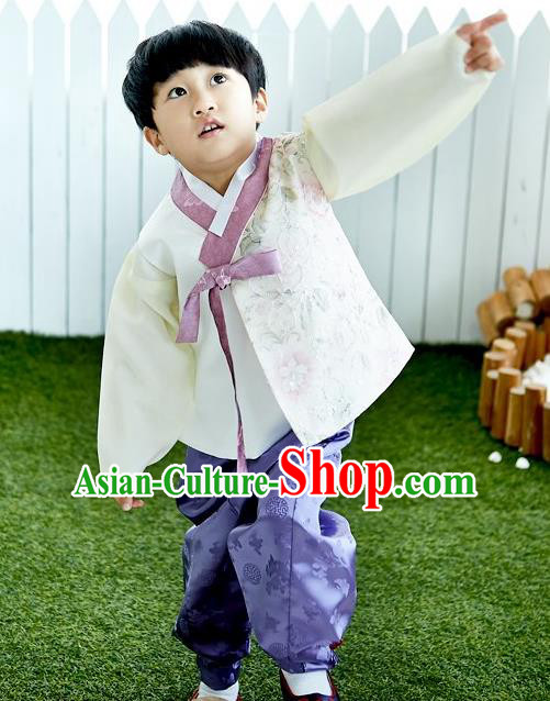 Asian Korean National Traditional Handmade Formal Occasions Boys Embroidery White Vest Hanbok Costume Complete Set for Kids