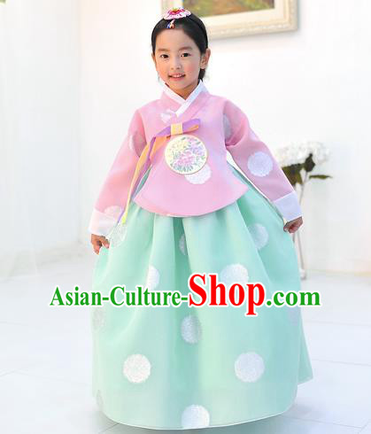 Asian Korean National Handmade Formal Occasions Wedding Printing Pink Blouse and Green Dress Traditional Palace Hanbok Costume for Kids