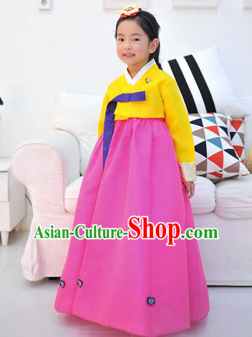 Asian Korean National Handmade Formal Occasions Wedding Embroidered Yellow Blouse and Pink Dress Traditional Palace Hanbok Costume for Kids