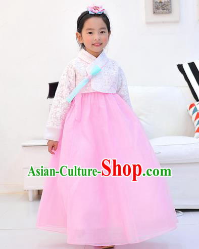 Asian Korean National Handmade Formal Occasions Wedding Embroidered White Lace Blouse and Pink Dress Traditional Palace Hanbok Costume for Kids
