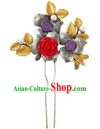 Traditional Korean National Wedding Hair Accessories Bride Palace Rose Flowers Hairpins, Korean Hanbok Fashion Hair Stick Headwear for Women