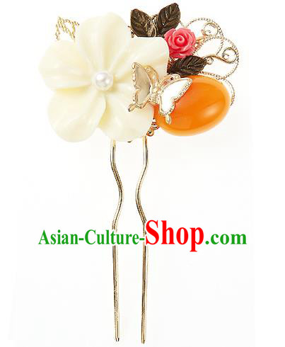 Traditional Korean National Hair Accessories Bride Wedding Butterfly White Flower Hairpins, Asian Korean Hanbok Fashion Headwear Hair Stick for Women