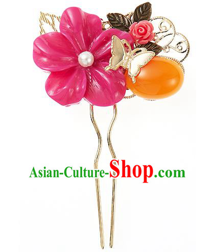 Traditional Korean National Hair Accessories Bride Wedding Butterfly Pink Flower Hairpins, Asian Korean Hanbok Fashion Headwear Hair Stick for Women