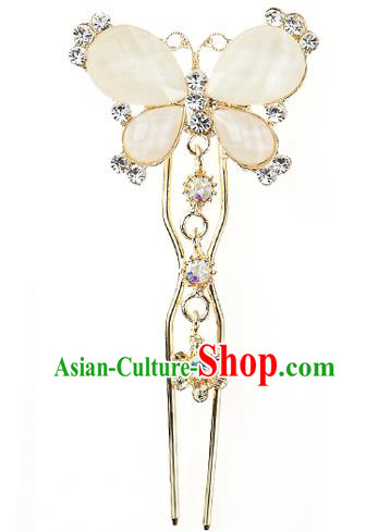 Traditional Korean National Hair Accessories Bride Wedding White Butterfly Crystal Hairpins, Asian Korean Hanbok Fashion Headwear Hair Stick for Women