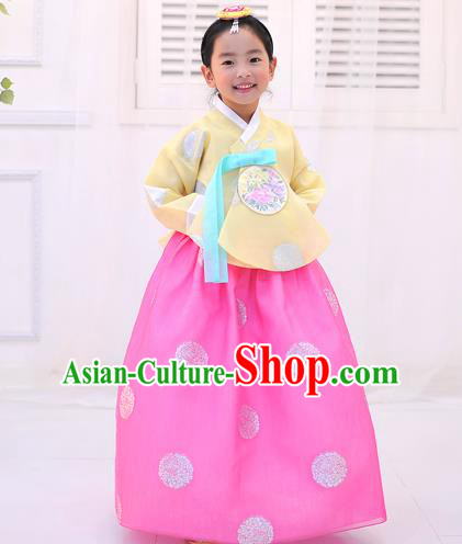 Asian Korean National Handmade Formal Occasions Wedding Printing Yellow Blouse and Pink Dress Traditional Palace Hanbok Costume for Kids