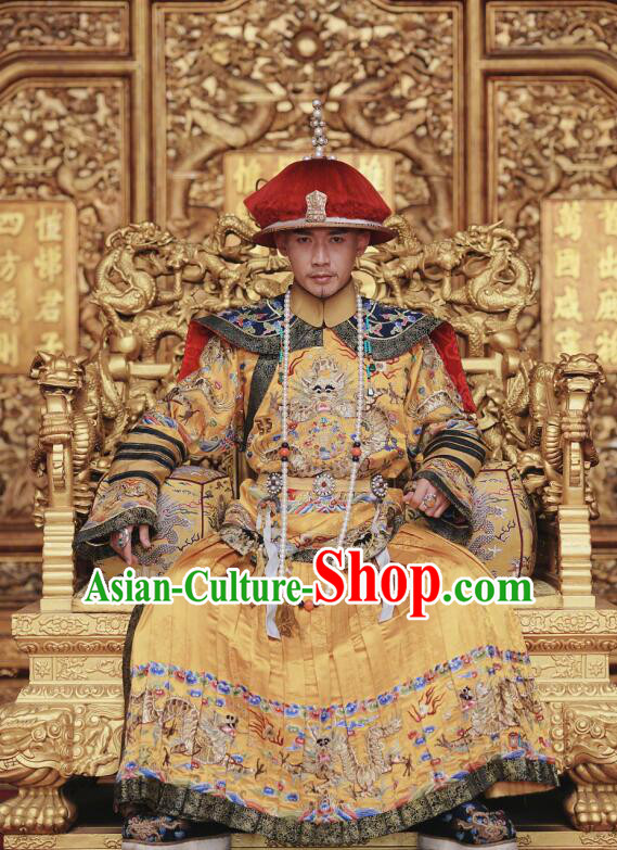 Story of Yanxi Palace Traditional Chinese Qing Dynasty Imperial Emperor Costume and Headwear Complete Set, Chinese Manchu Majesty Mandarin Embroidered Dragon Robe for Men