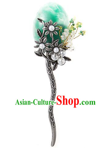 Korean National Wedding Hair Accessories Bride Palace Cyphers Green Flowers Hairpins, Korean Hanbok Fashion Hair Stick Headwear for Women