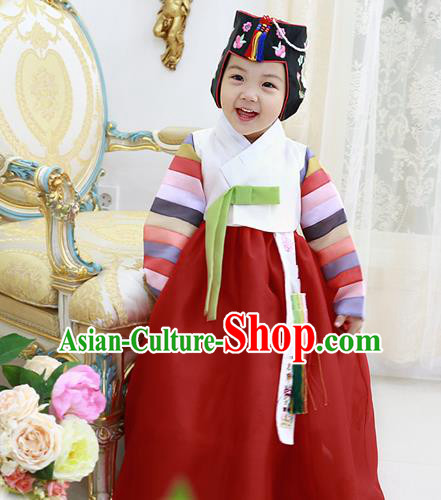 Asian Korean National Handmade Formal Occasions Wedding Clothing White Blouse and Red Dress Palace Hanbok Costume for Kids