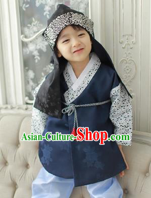 	 Asian Korean National Traditional Handmade Formal Occasions Boys Embroidery Navy Vest Hanbok Costume Complete Set for Kids