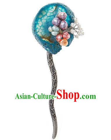 Korean National Wedding Hair Accessories Bride Blue Hair Clip, Korean Hanbok Fashion Palace Hairpins for Women