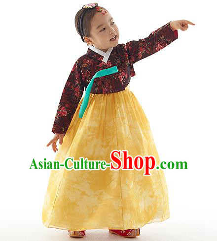 Asian Korean National Handmade Formal Occasions Wedding Clothing Printing Blouse and Yellow Dress Palace Hanbok Costume for Kids