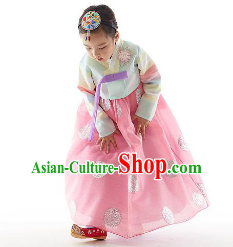 Asian Korean National Handmade Formal Occasions Wedding Clothing Printing Green Blouse and Pink Dress Palace Hanbok Costume for Kids