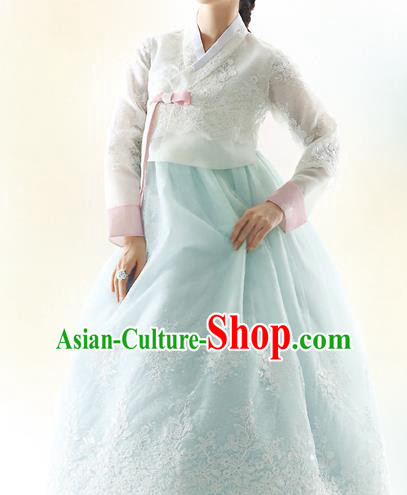 Asian Korean National Handmade Formal Occasions Wedding Bride Clothing Embroidered White Blouse and Green Dress Palace Hanbok Costume for Women