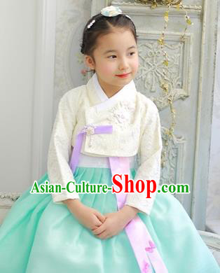 Asian Korean National Handmade Formal Occasions Wedding Bride Clothing Embroidered White Blouse and Green Dress Palace Hanbok Costume for Kids